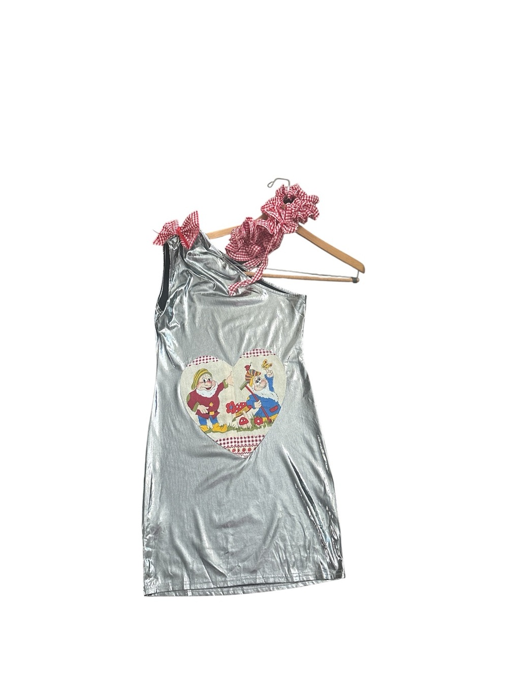 Silver One-Shoulder Mini Dress with Heart Character Print